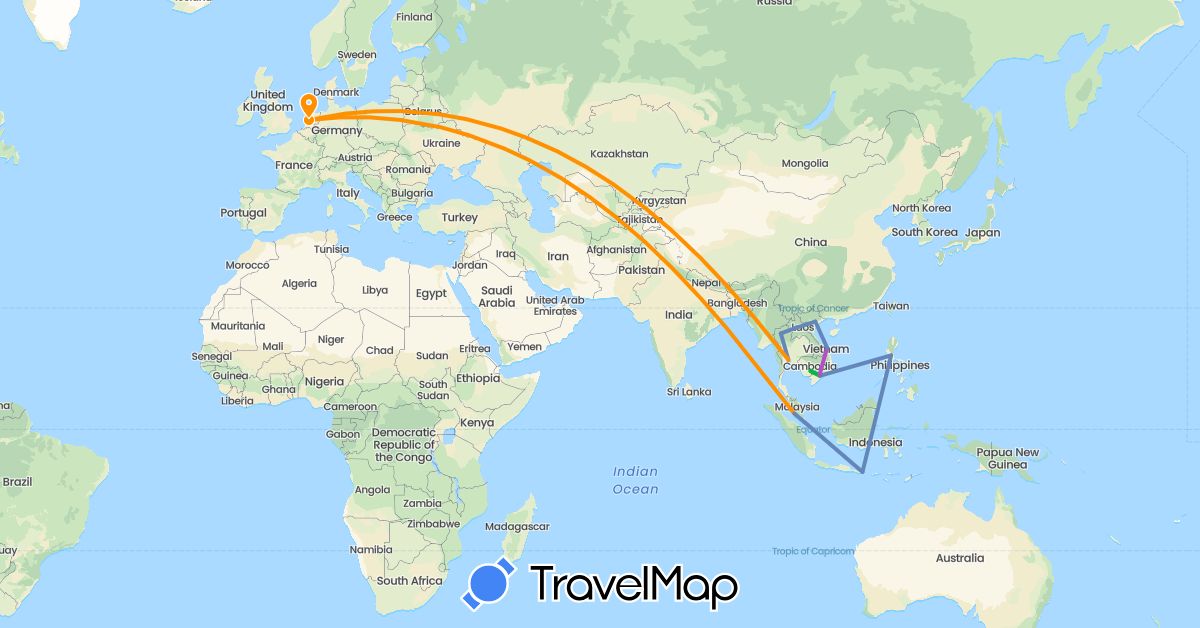 TravelMap itinerary: driving, bus, cycling, train, hitchhiking in Indonesia, Cambodia, Laos, Malaysia, Netherlands, Philippines, Singapore, Thailand, Vietnam (Asia, Europe)